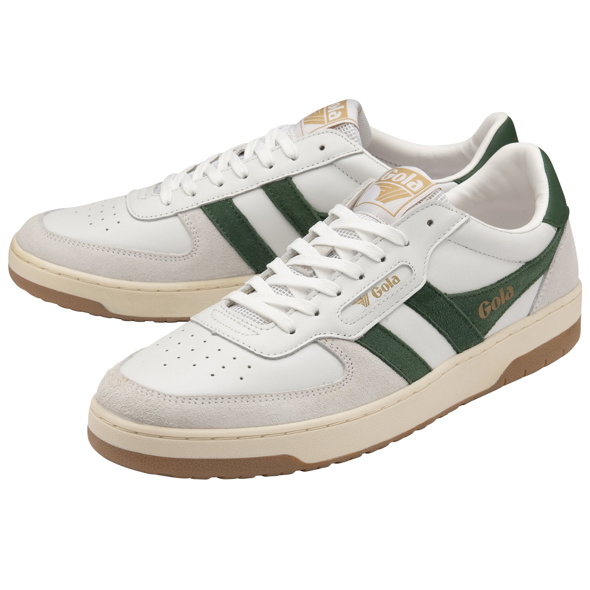 A pair of white and green Gola sneakers with beige soles.
