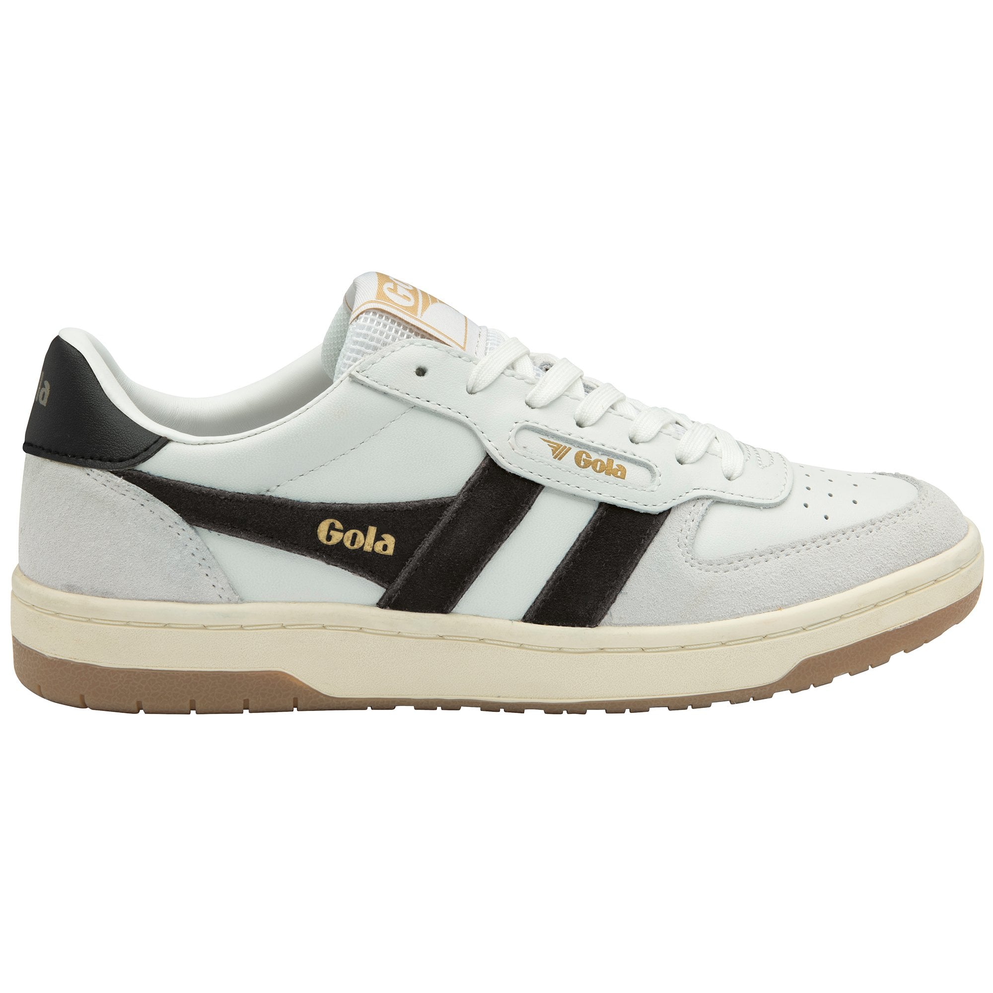 Side profile of a white and black Gola sneaker with a brown sole.