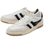 Pair of Gola sneakers in white with black stripes and light brown soles.