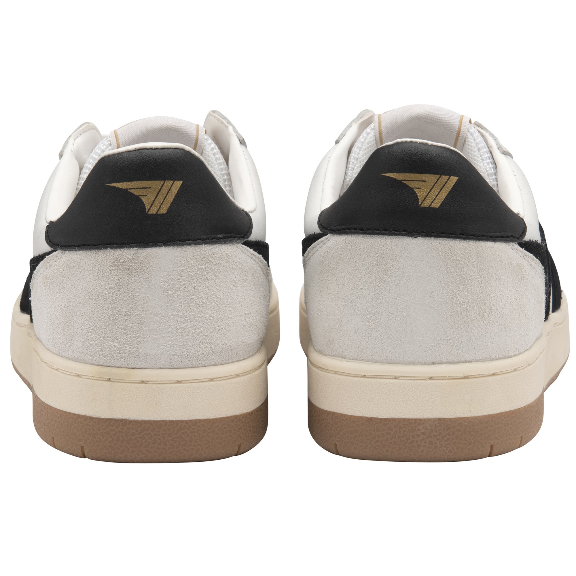Back view of two white Gola sneakers with black and gold heel accents.
