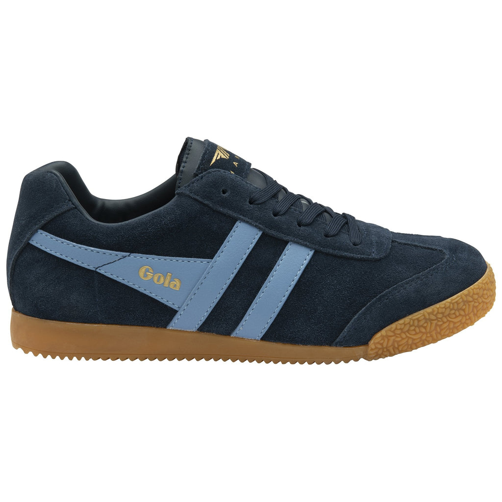 A single Gola men's Harrier sneaker in navy and light blue, angled slightly from the side.