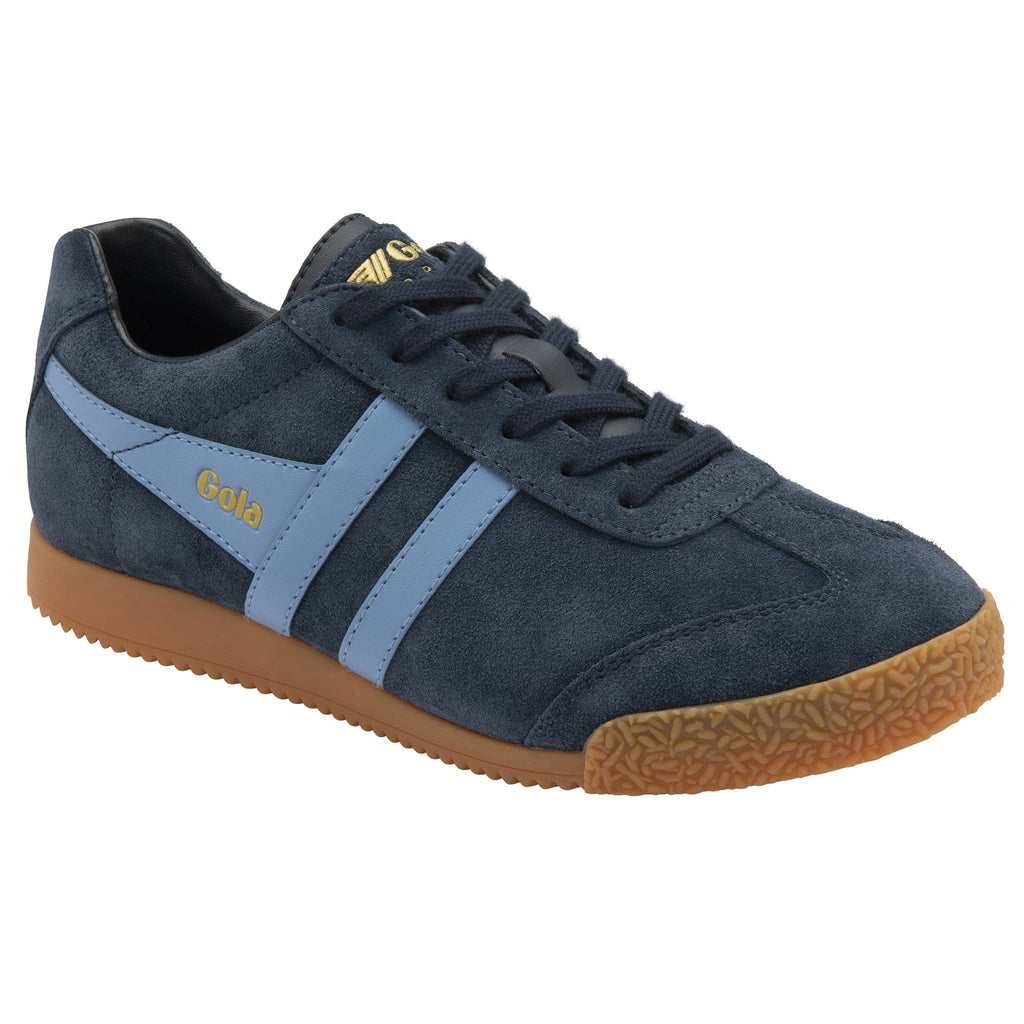 A single Gola men's Harrier sneaker in navy and light blue, viewed from a slightly different angle.