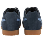 The rear view of a pair of Gola men's Harrier sneakers in navy and light blue.