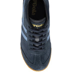 An overhead view of a single Gola men's Harrier sneaker in navy and light blue.