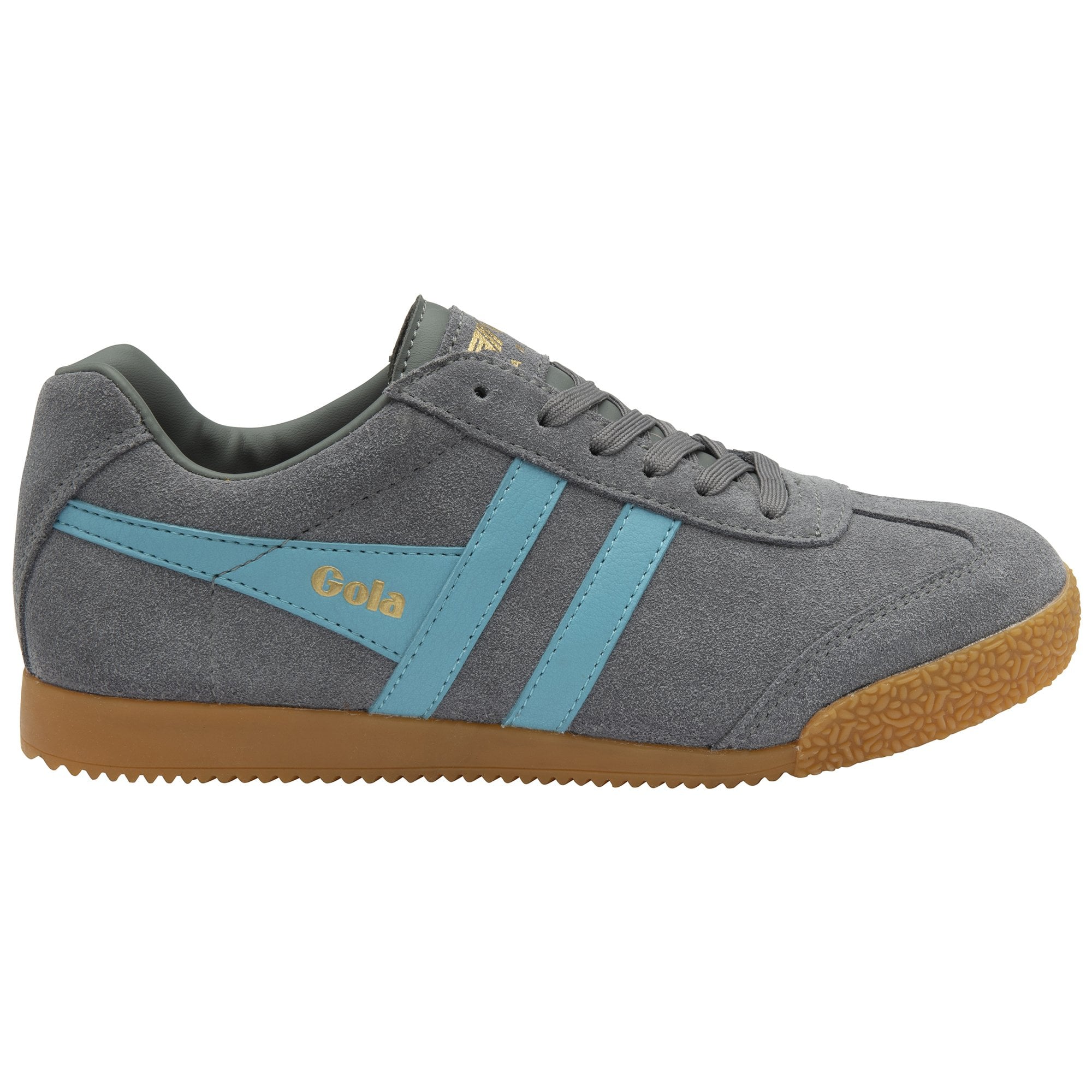 A single gray Gola sneaker with light blue stripes and a gum sole, facing right.