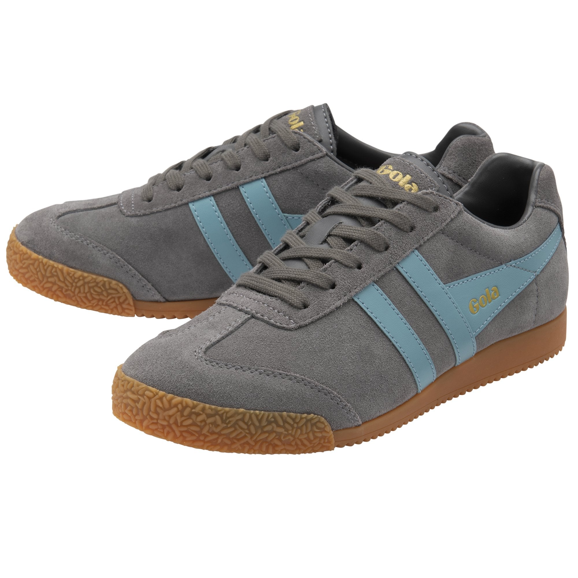 A pair of gray Gola sneakers with light blue stripes and gum soles, angled right.