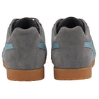 Back view of a pair of gray Gola sneakers with light blue stripes.