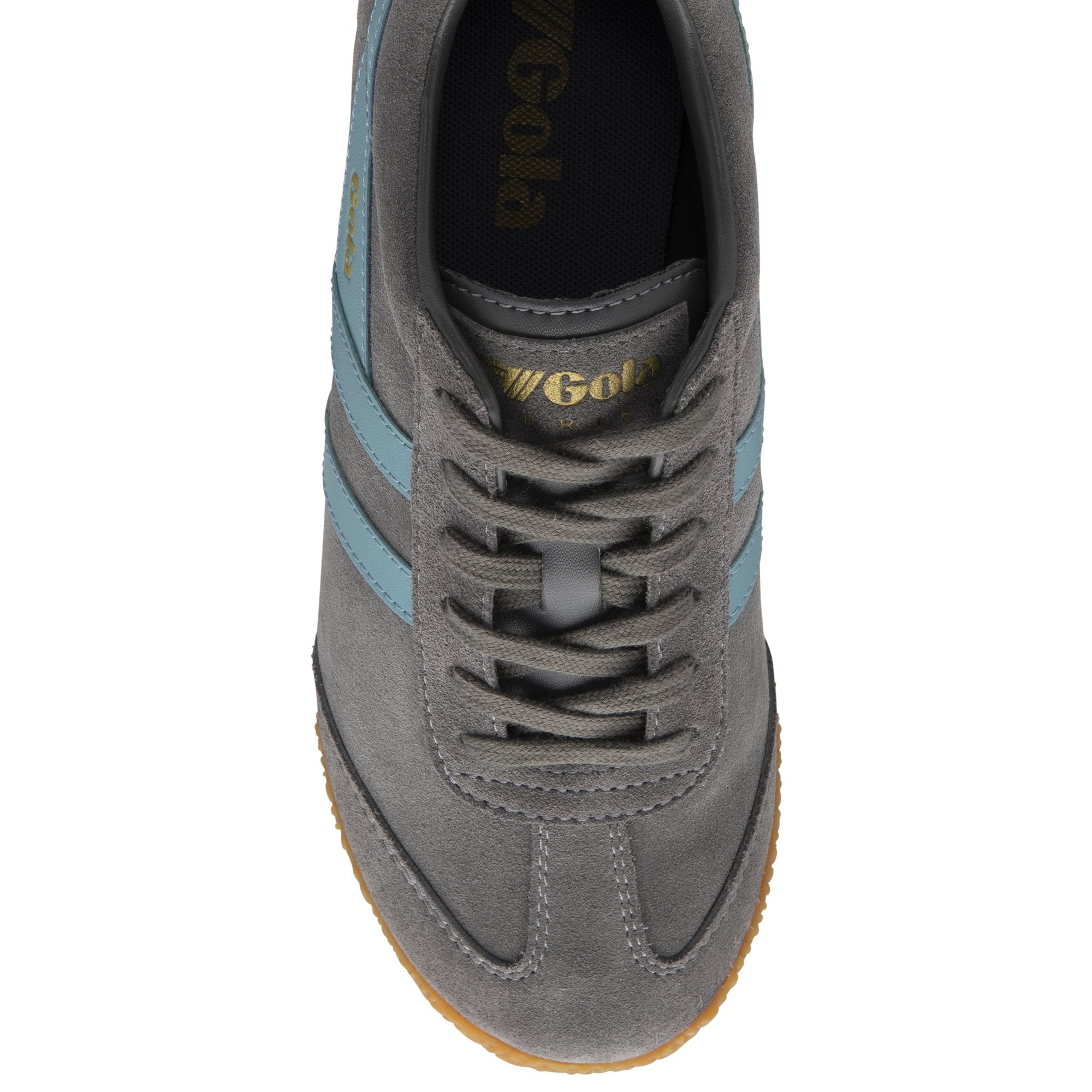 Top-down view of a gray Gola sneaker with light blue stripes and a gum sole.