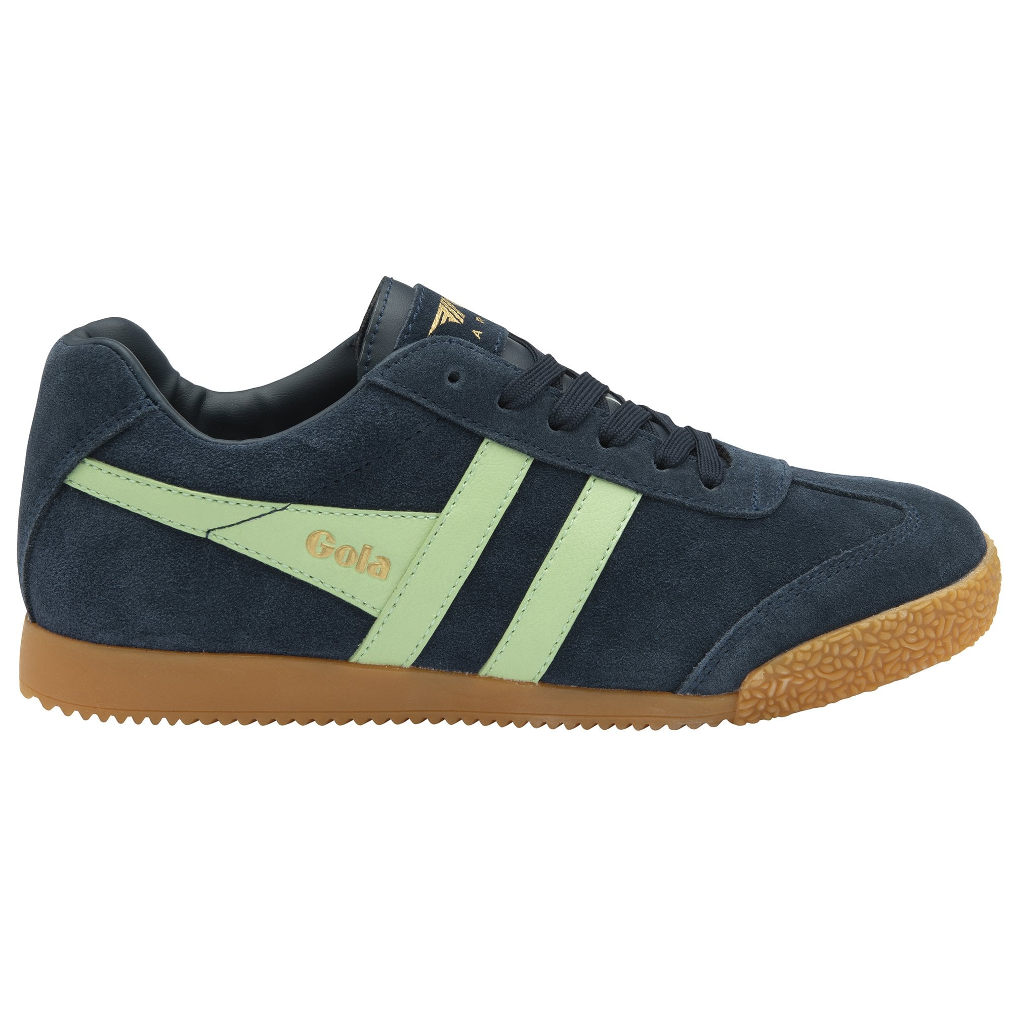 Gola men's Harrier suede navy and light green sneaker, left side view.