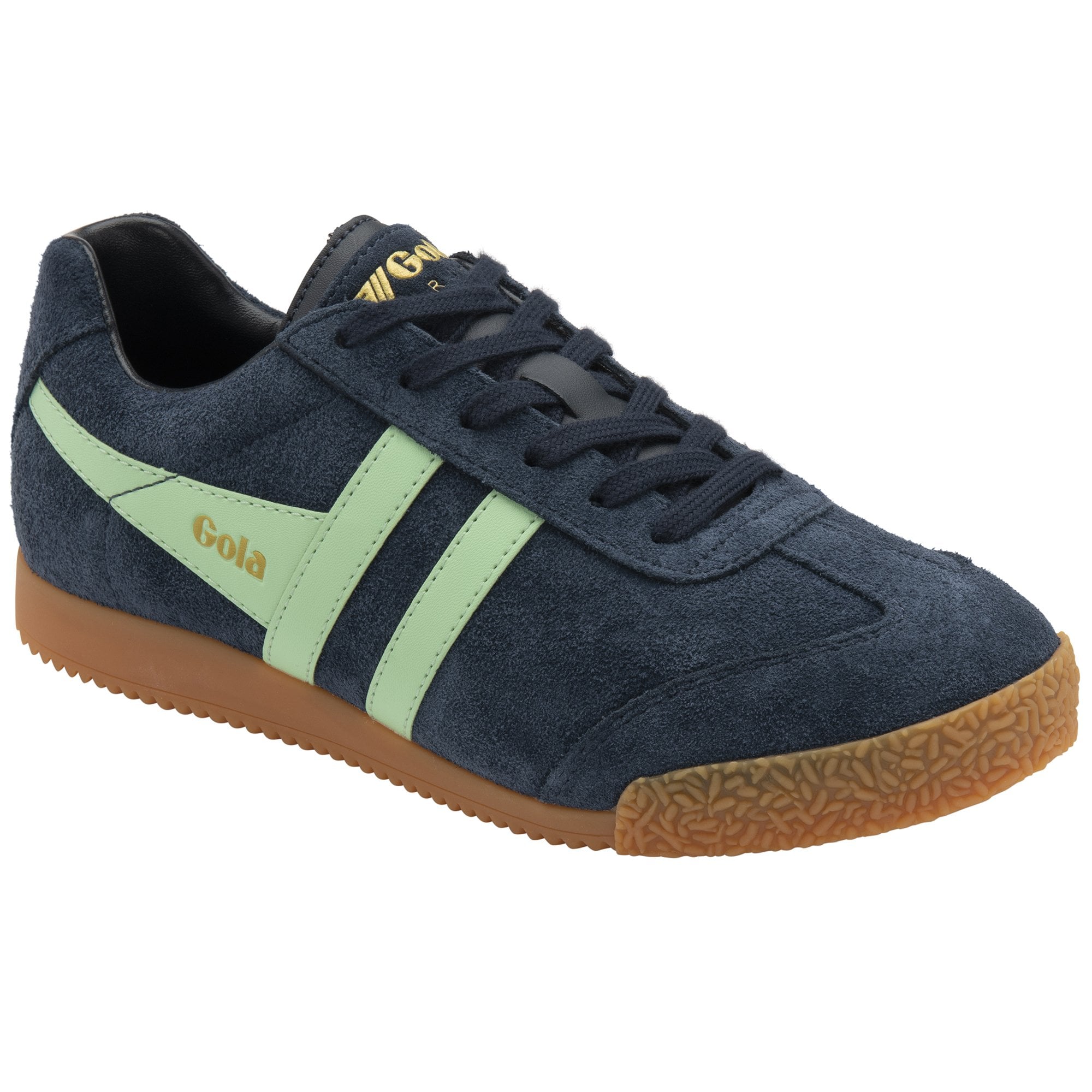 Gola men's Harrier suede navy and light green sneaker, front right side view.