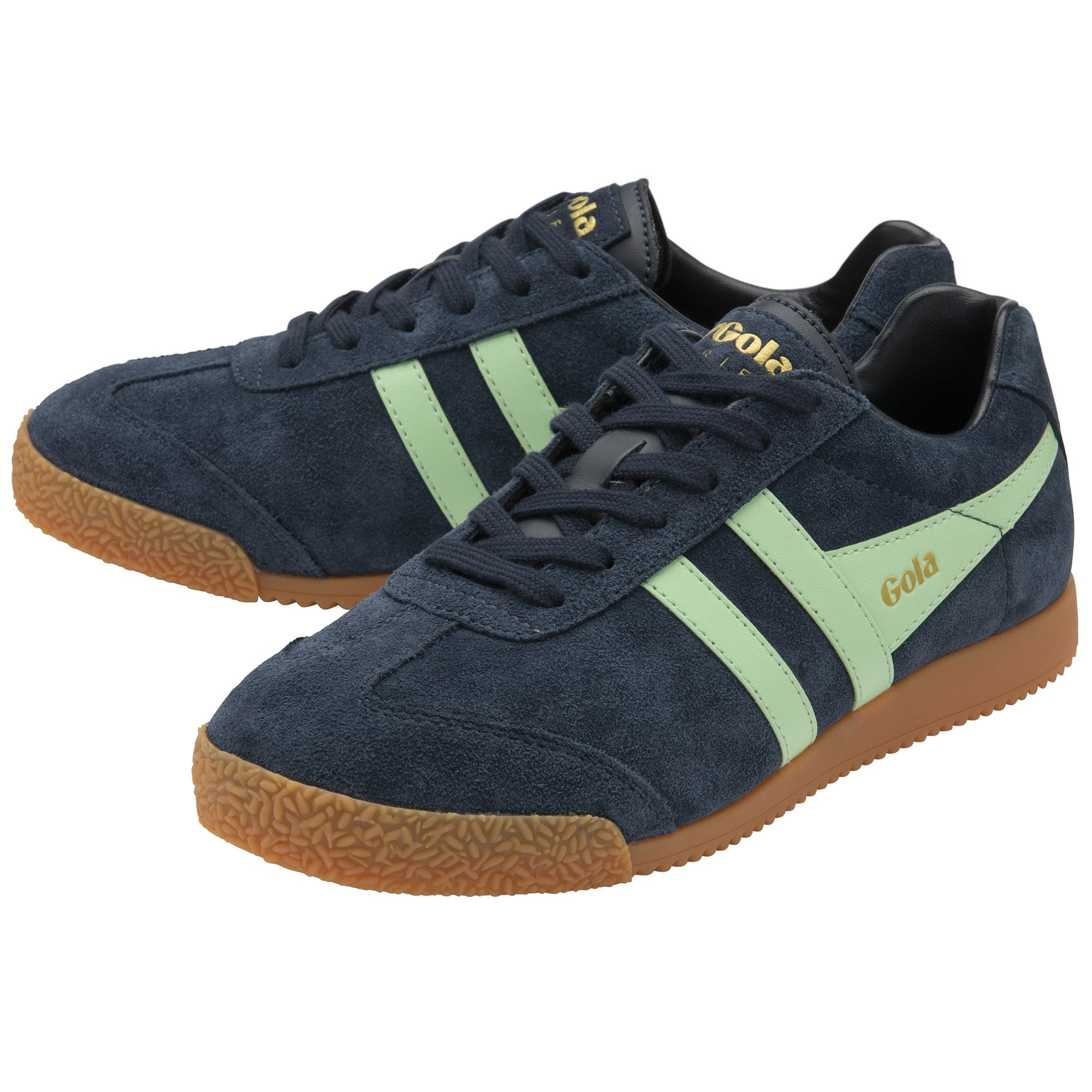 Pair of Gola men's Harrier suede navy and light green sneakers, top front view.