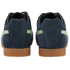 Pair of Gola men's Harrier suede navy and light green sneakers, back view.