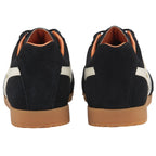 The backs of two black Gola Harrier shoes with white heel accents and brown soles.