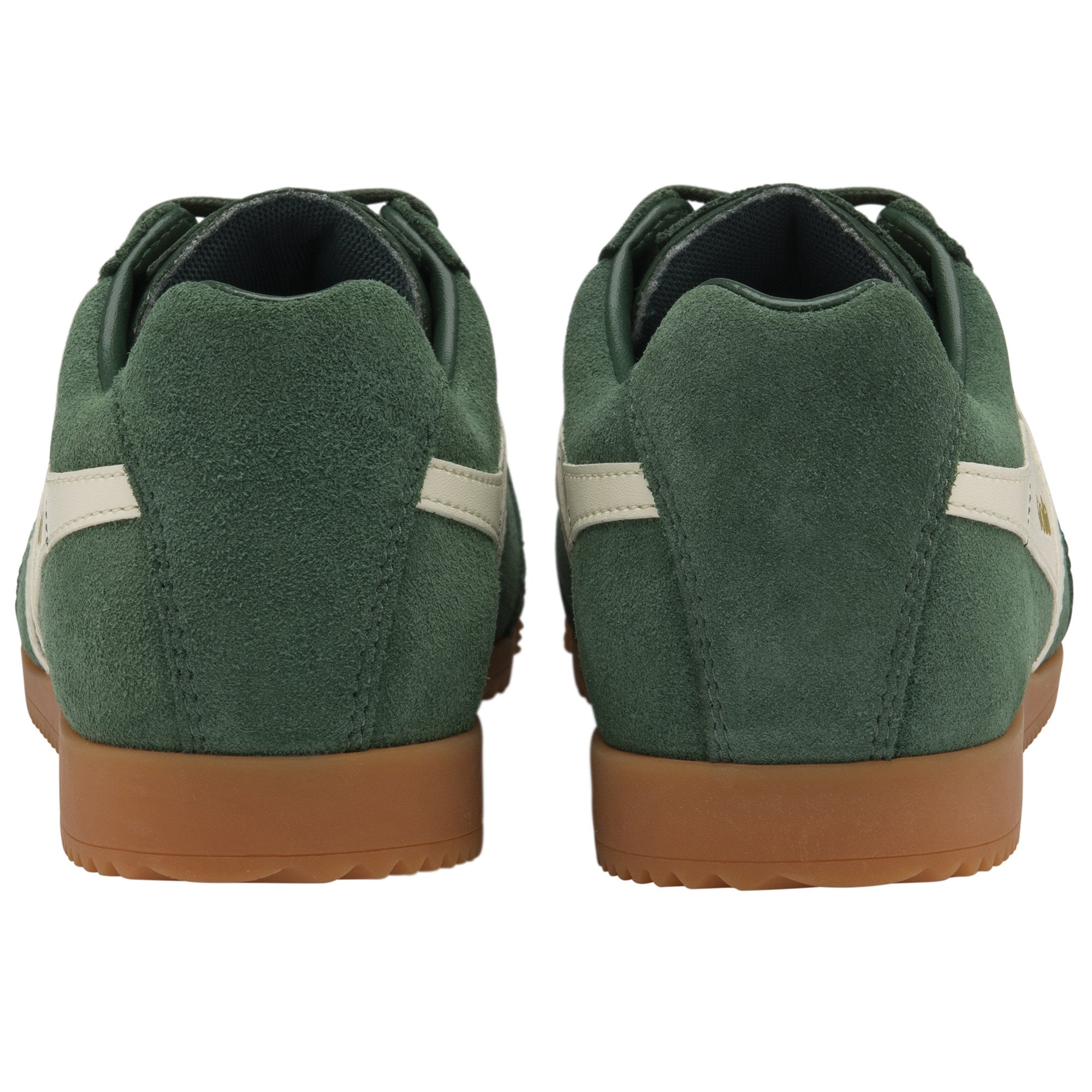 The back of two forest green Gola Harrier sneakers with white stripes and gum soles.