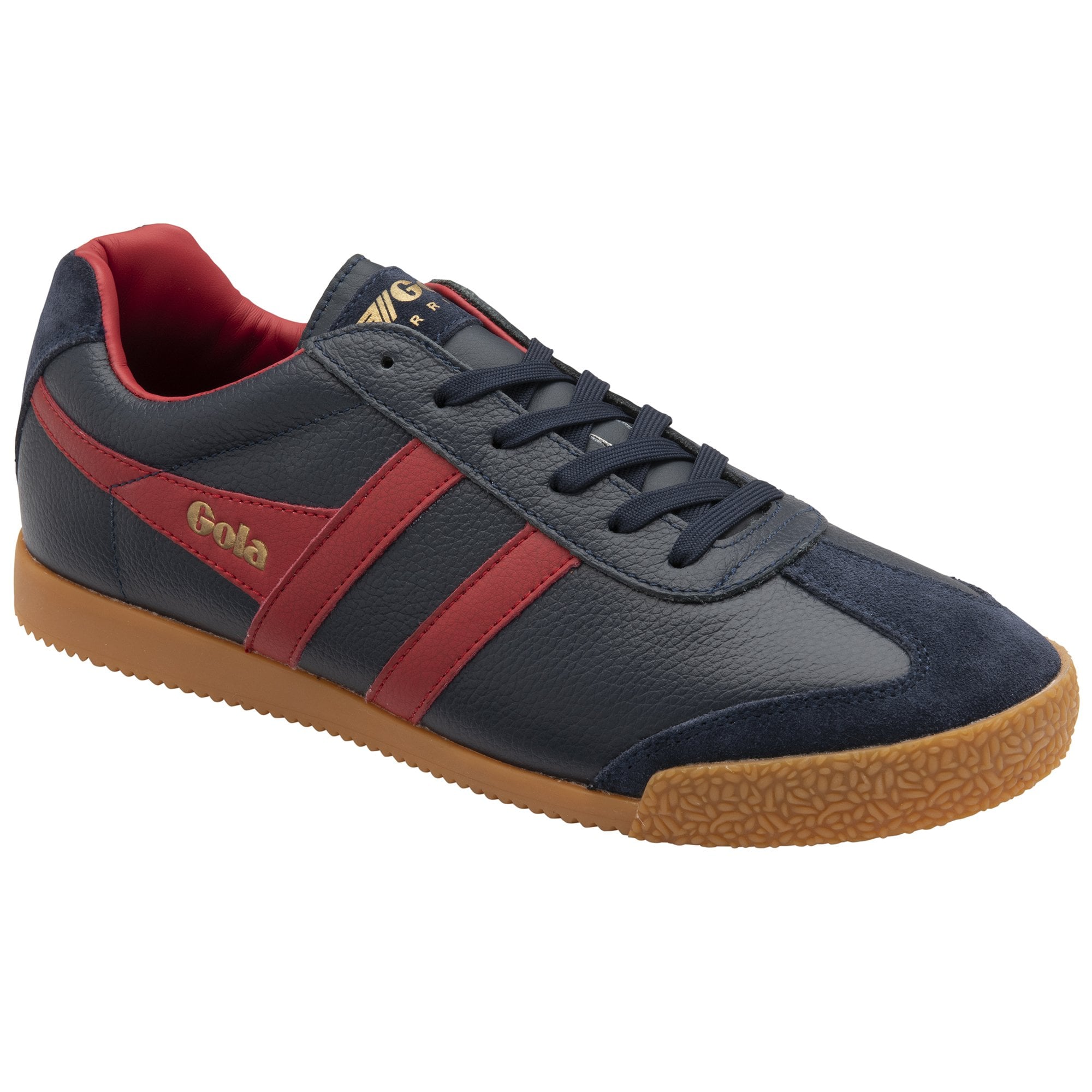 A single Gola low-top sneaker in navy with red stripes and a gum sole, angled from the side.