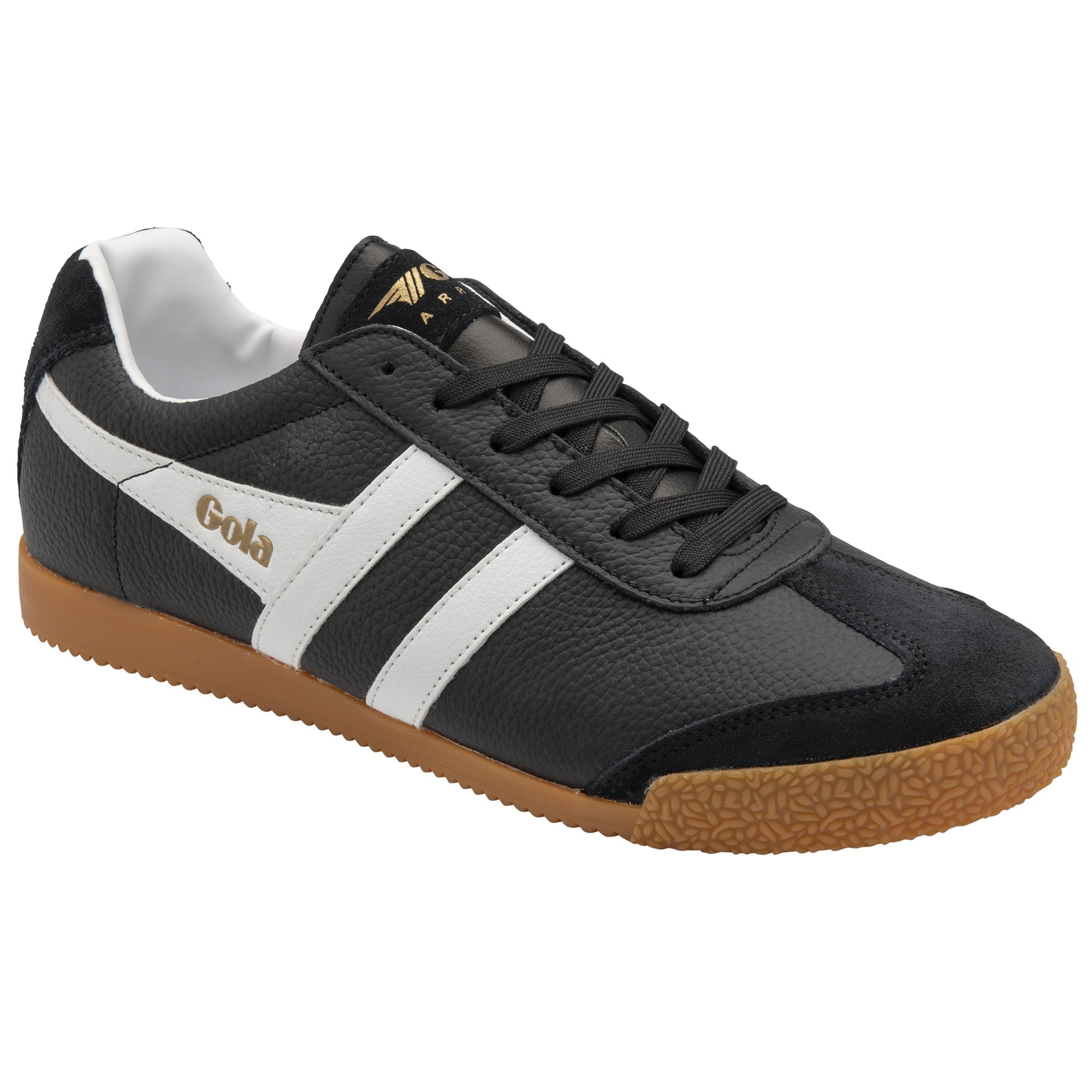 A black Gola men's sneaker with white stripes and a gum sole, viewed at an angle.