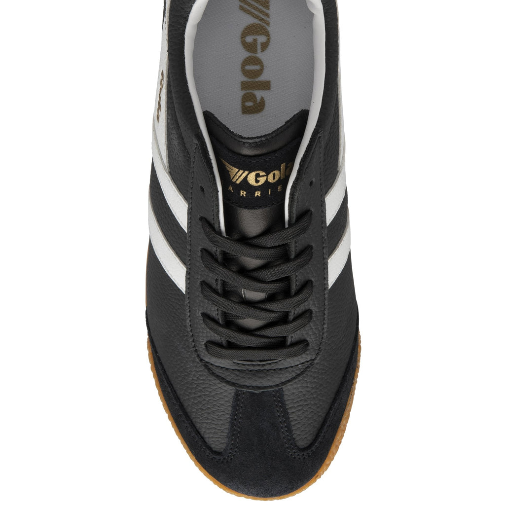 The top-down view of a black Gola men's sneaker with white stripes and a gum sole.