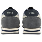 Rear view of a pair of grey and navy Gola sneakers with white stripes.