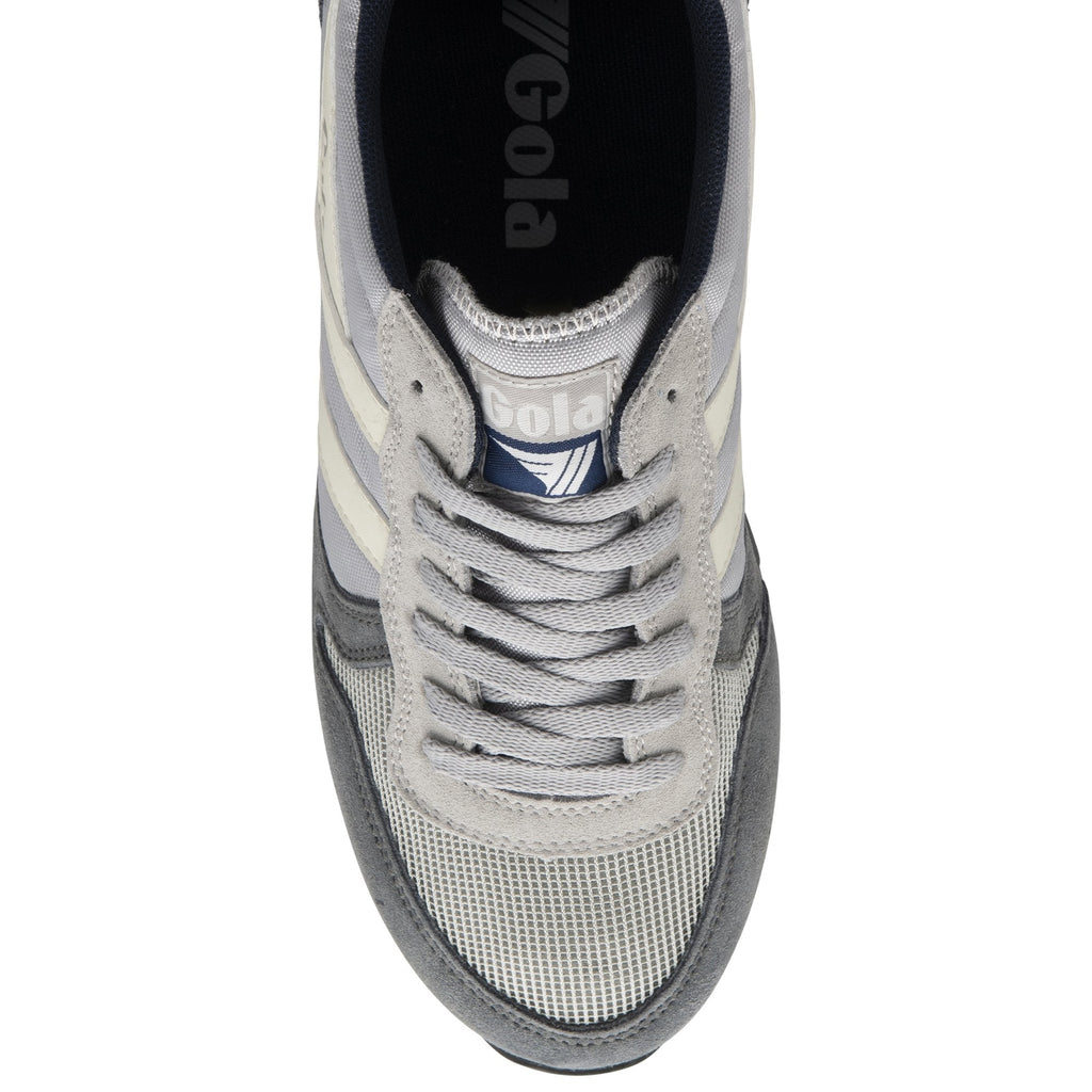 Top-down view of a grey and navy Gola sneaker with white stripes and grey laces.