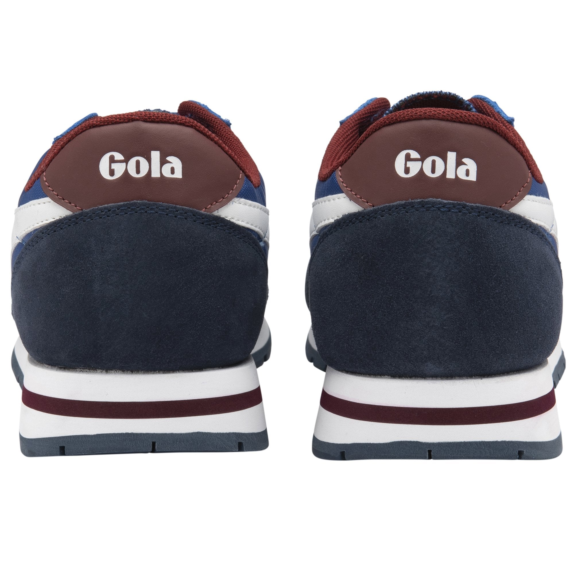 Pair of blue and white Gola men's sneakers from behind.