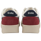 Rear view of a pair of Gola sneakers with navy heels and red suede accents.