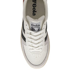 Top-down view of a white Gola sneaker with black stripes and white laces.