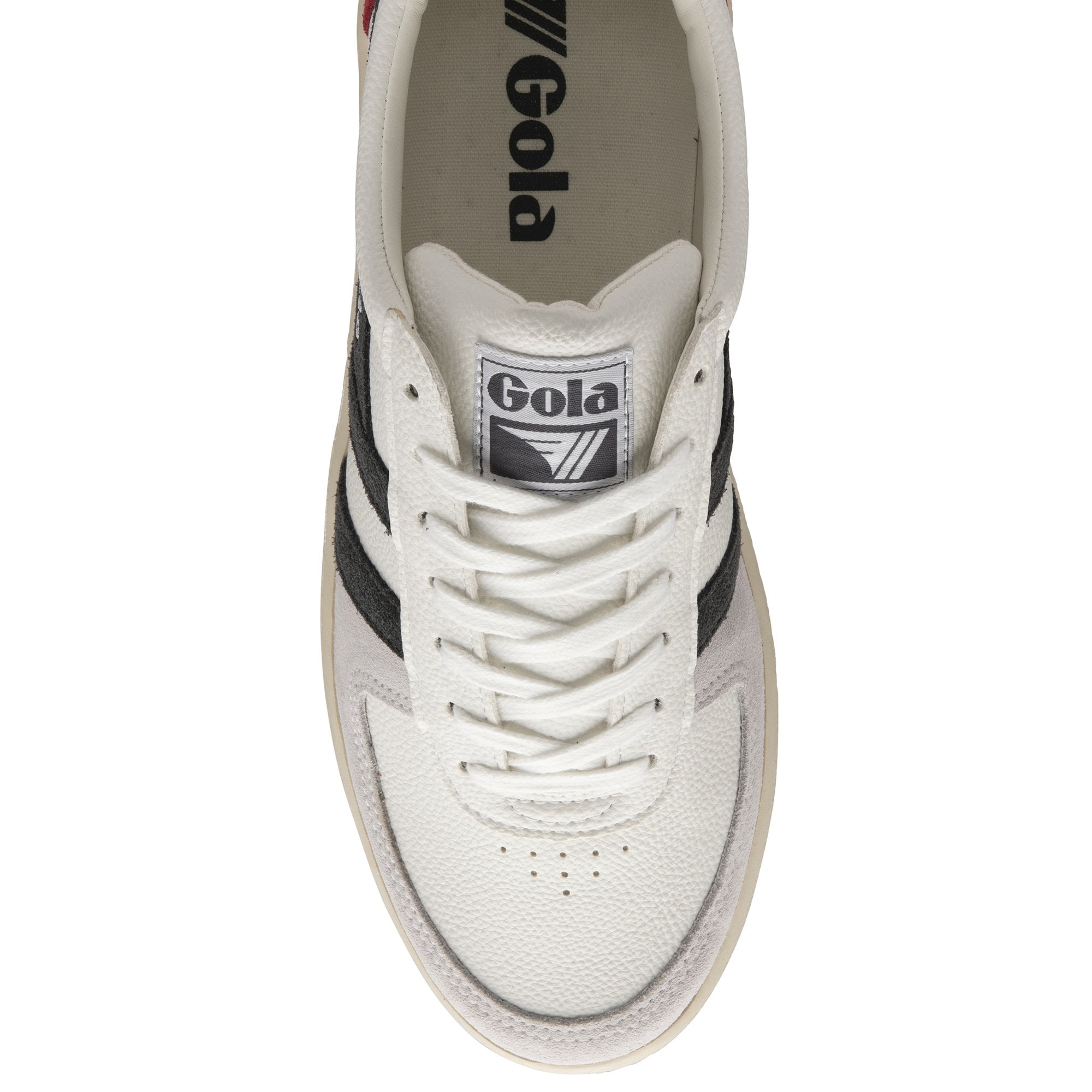 Top-down view of a white Gola sneaker with black stripes and white laces.