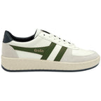 A white and green Gola sneaker with a beige sole, viewed from the side.