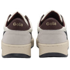 A rear view of a pair of Gola men's sneakers in white, navy, and brown.