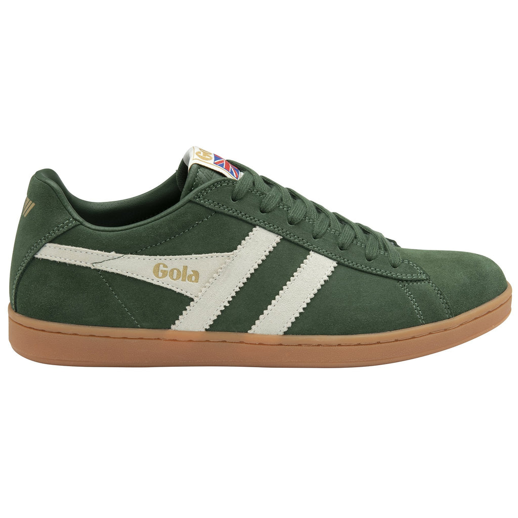 Side profile of a Gola men's sneaker in green with white stripes and a gum sole.