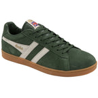 Angled view of a Gola men's sneaker in green with white stripes and a gum sole.