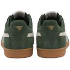 Rear view of two Gola men's green sneakers with a white heel accent and gum sole.