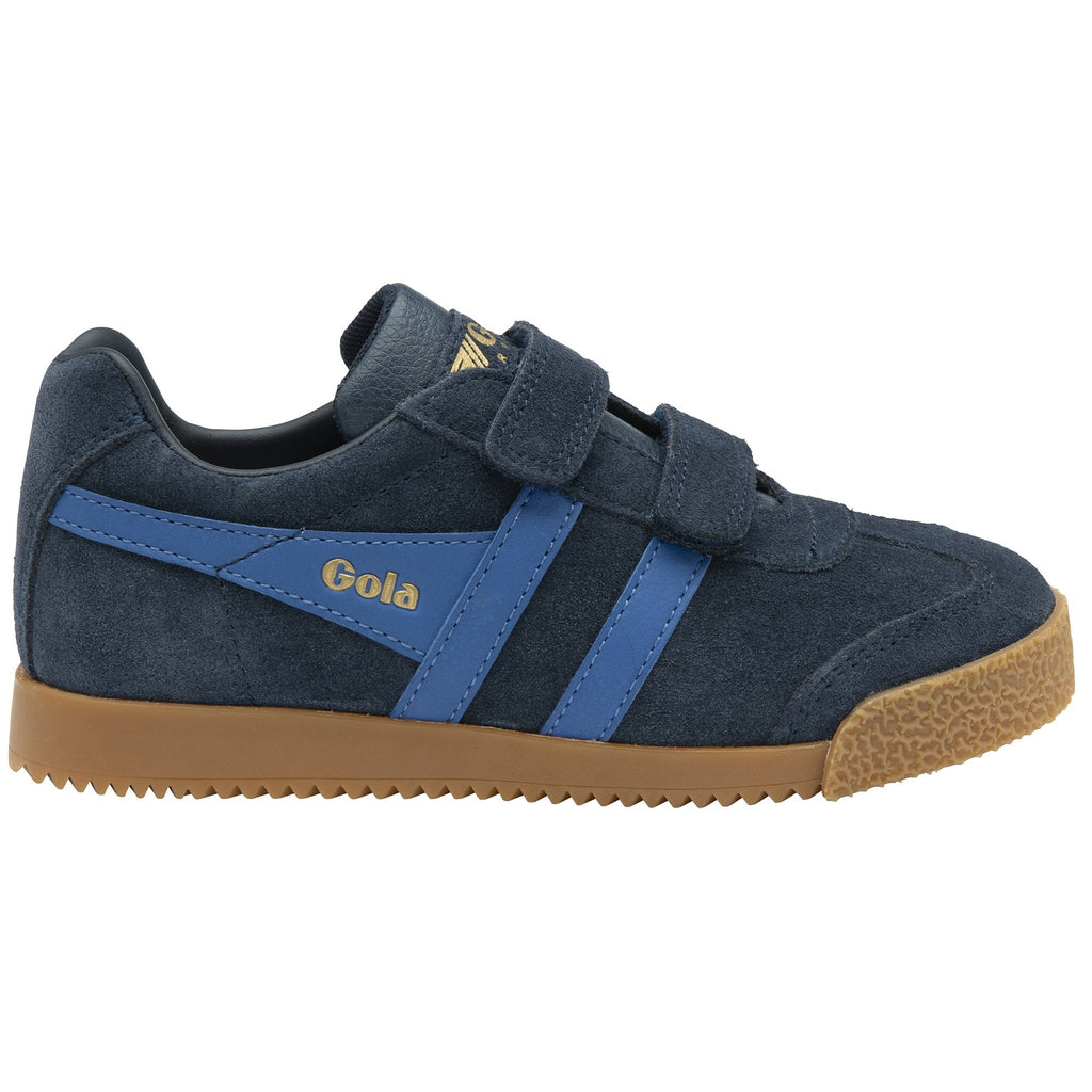 Blue and brown sneaker with velcro straps.