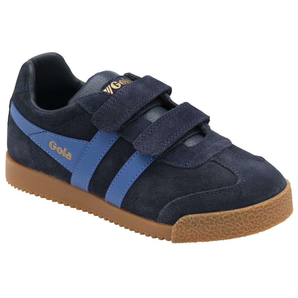 Navy blue sneakers with light blue stripes and brown sole.