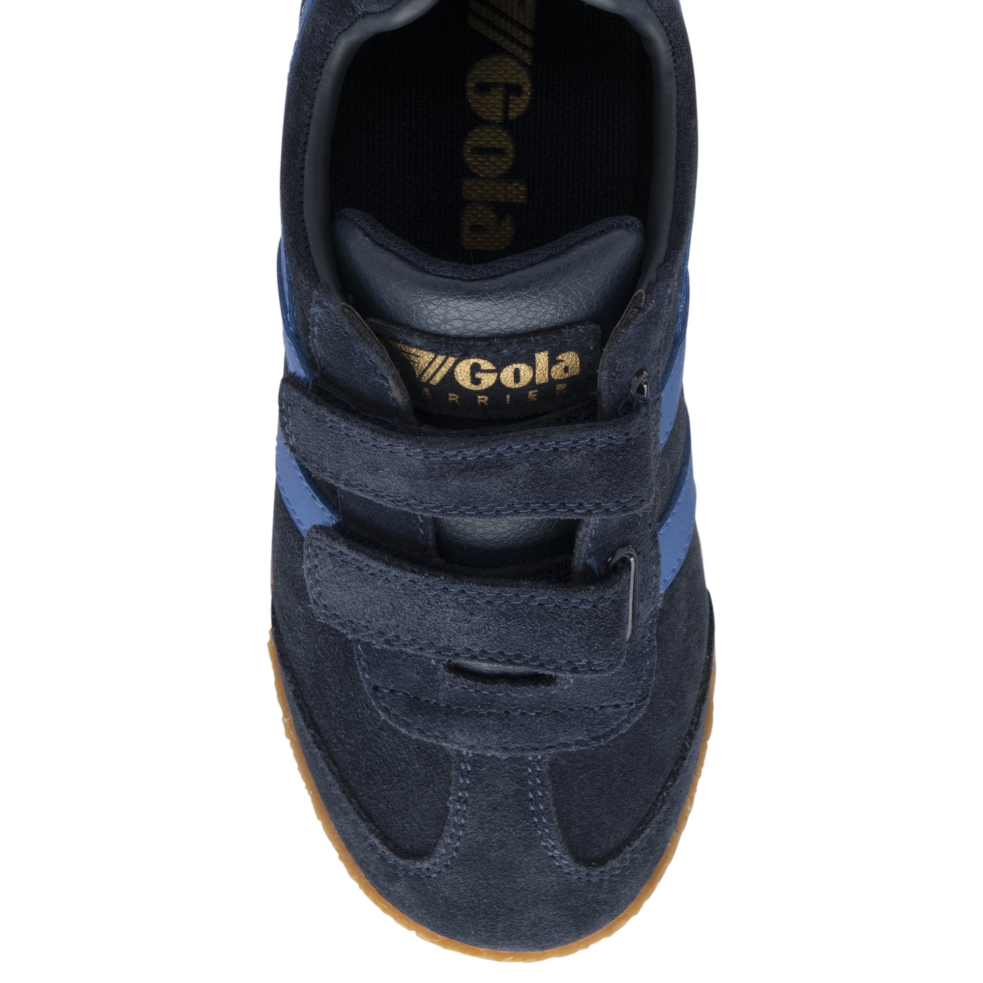 Top-down view of a navy blue Gola sneaker with velcro straps.