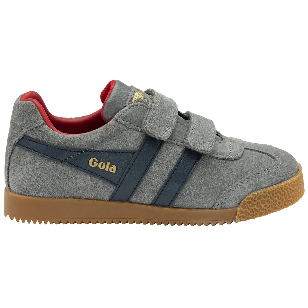 Gray Gola kids' sneaker with navy stripes and velcro closure, angled left.