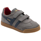 Gray Gola kids' sneaker with navy stripes and velcro closure, angled right.