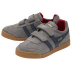 Pair of gray Gola kids' sneakers with navy stripes and velcro closures.
