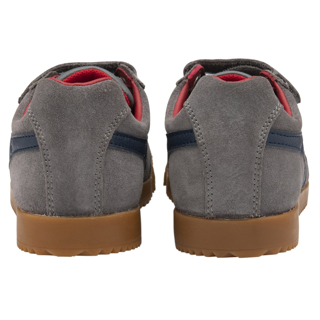 Back view of a pair of gray Gola kids' sneakers with navy stripes.