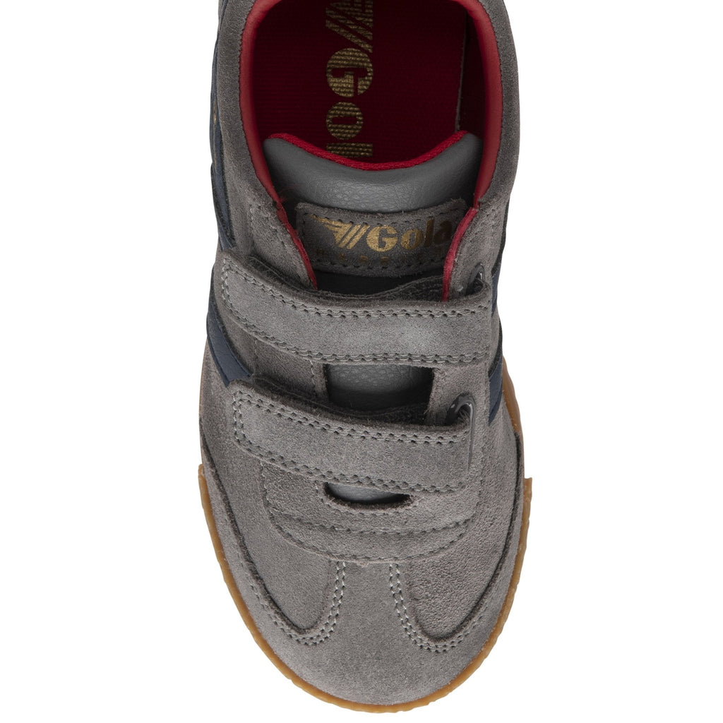Top-down view of a gray Gola kids' sneaker with navy stripes and velcro closures.