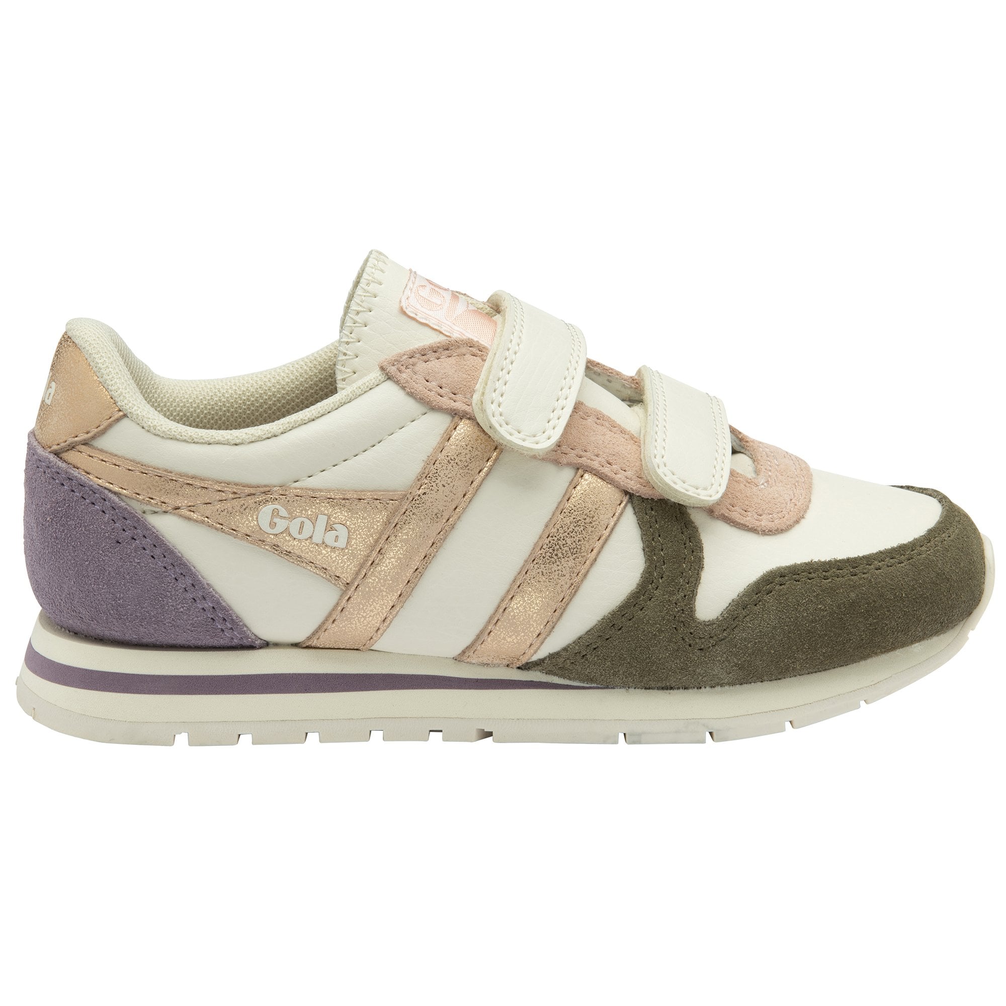 Side view of Gola kids' sneakers in off-white, pink, purple, and brown with hook-and-loop straps.