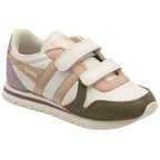 Angled side view of Gola kids' sneakers in off-white, pink, purple, and brown with hook-and-loop straps.