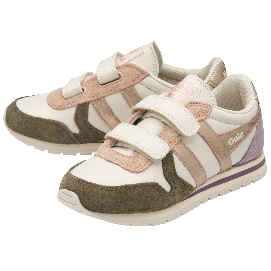 Pair of Gola kids' sneakers in off-white, pink, purple, and brown with hook-and-loop straps.