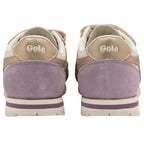 Rear view of Gola kids' sneakers showing metallic gold heels and purple accents.