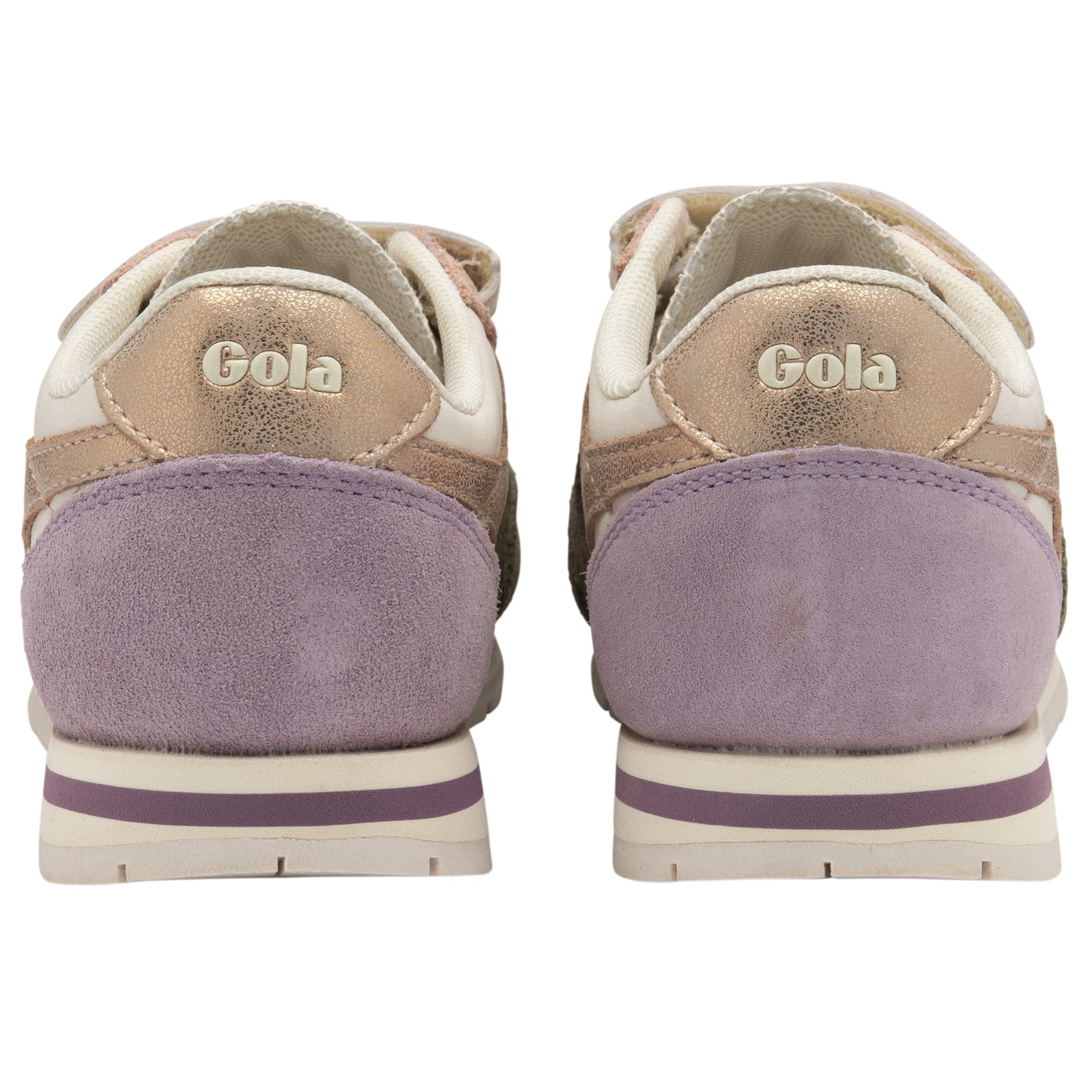 Rear view of Gola kids' sneakers showing metallic gold heels and purple accents.