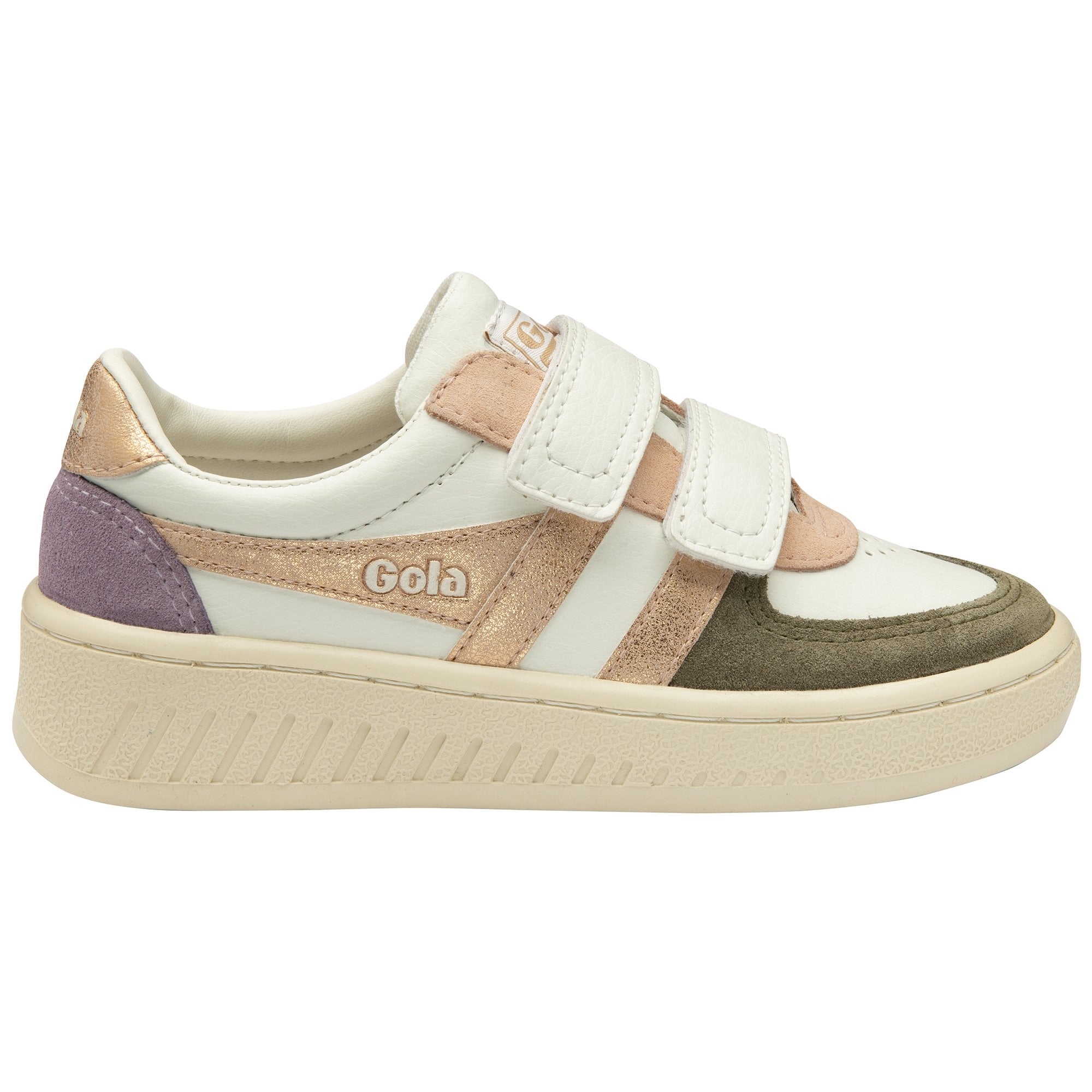 Side profile of a Gola Kids' Baseline Mark II Strap trainer in white, pink, purple, and green.