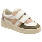 Angled view of a Gola Kids' Baseline Mark II Strap trainer in white, pink, purple, and green.