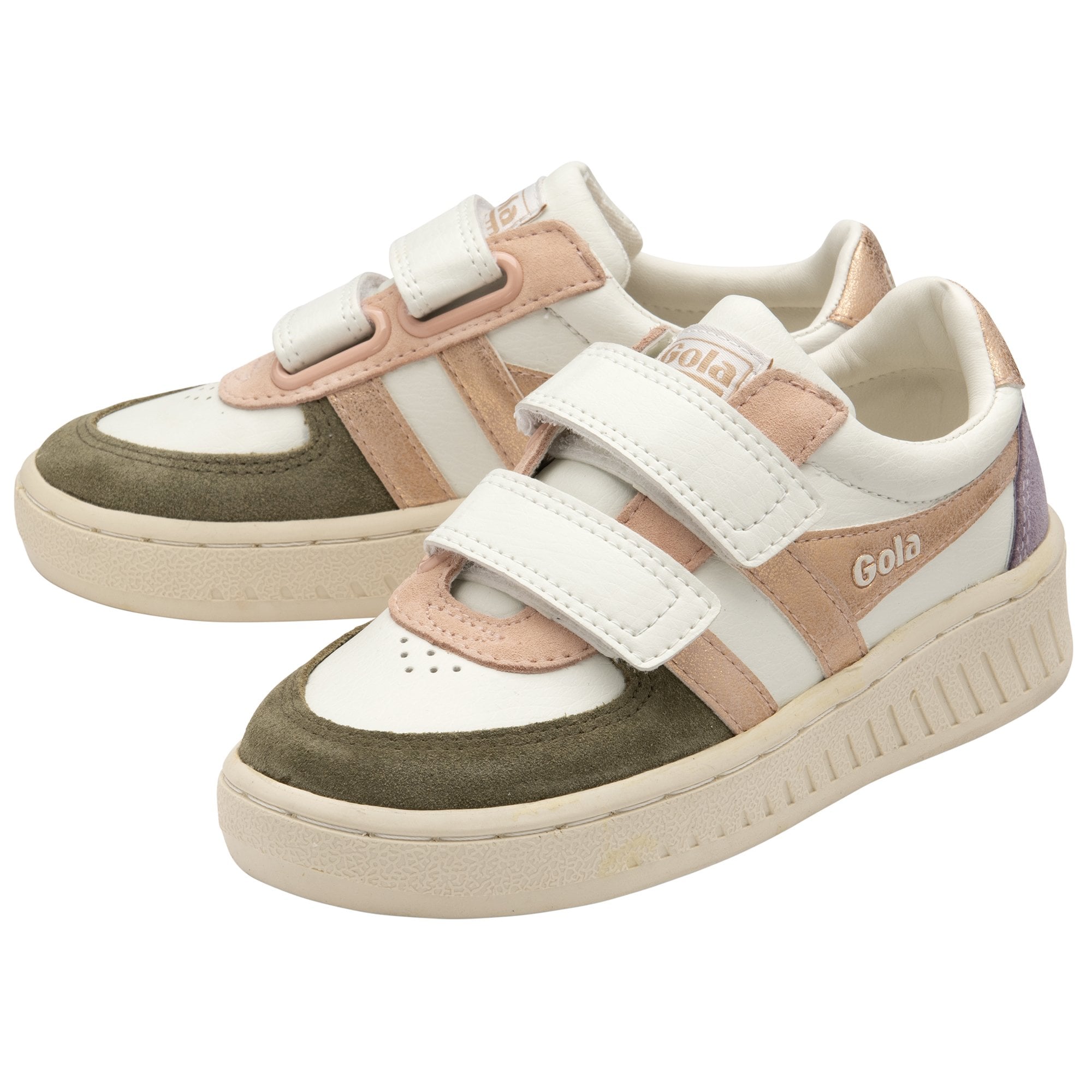 Pair of Gola Kids' Baseline Mark II Strap trainers in white, pink, purple, and green.