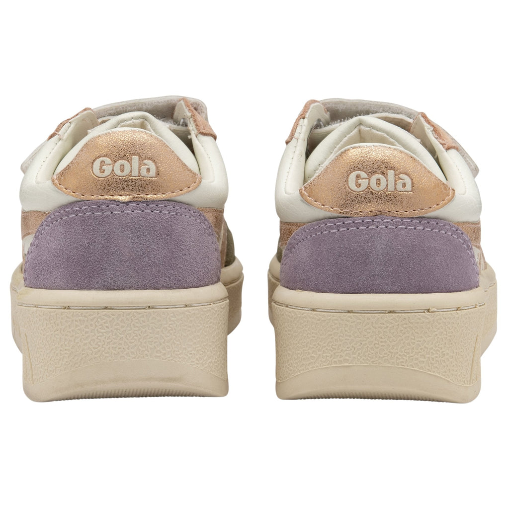 Rear view of a pair of Gola Kids' Baseline Mark II Strap trainers in white, pink, purple, and green.