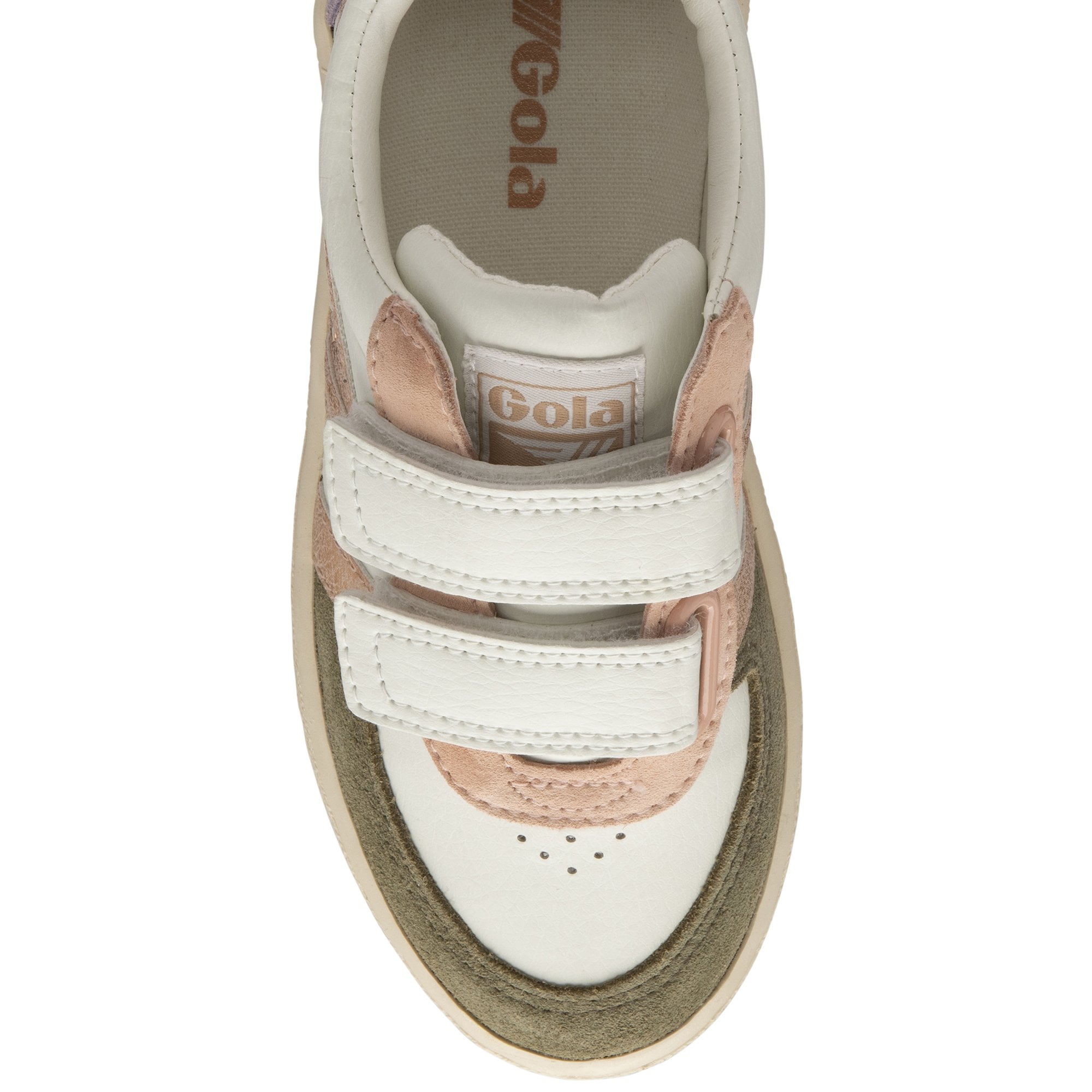 Top-down view of a Gola Kids' Baseline Mark II Strap trainer in white, pink, purple, and green.